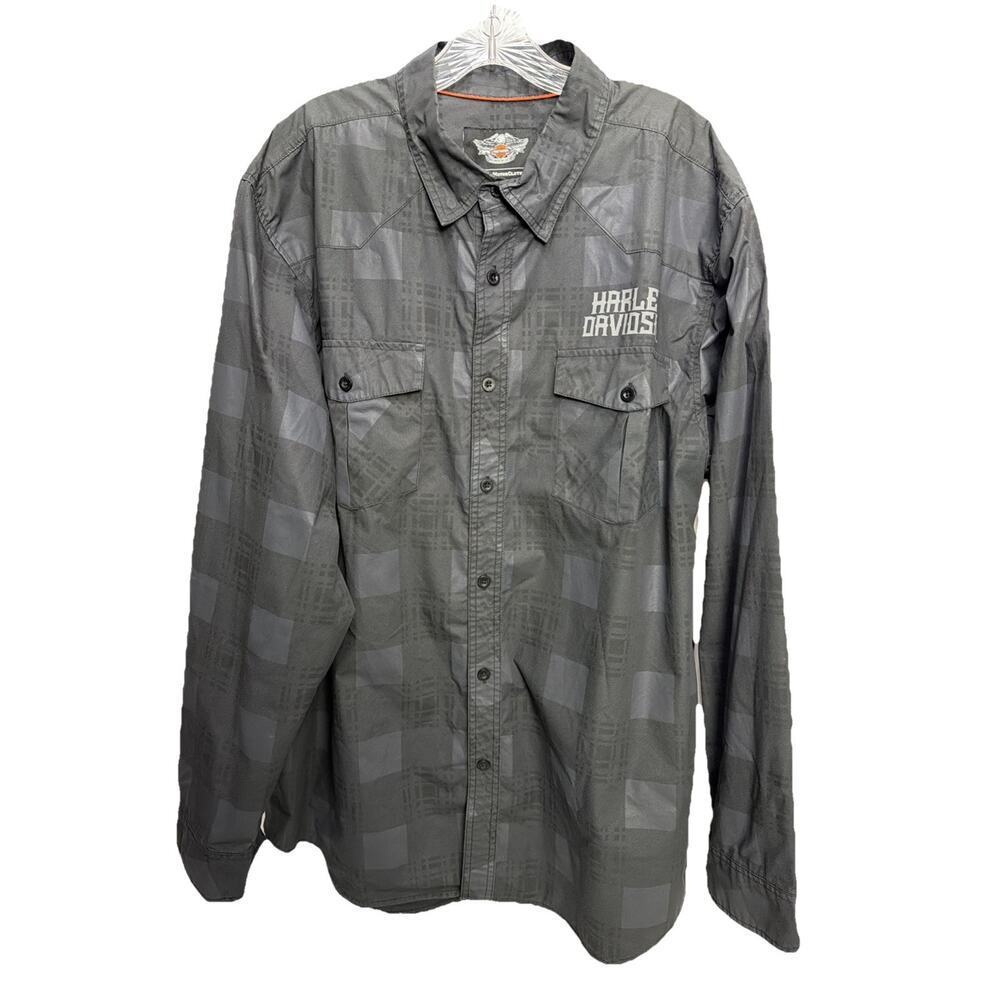 Harley Davidson 2XL Men's Gray Woven Plaid Performance Long Sleeve Button Up